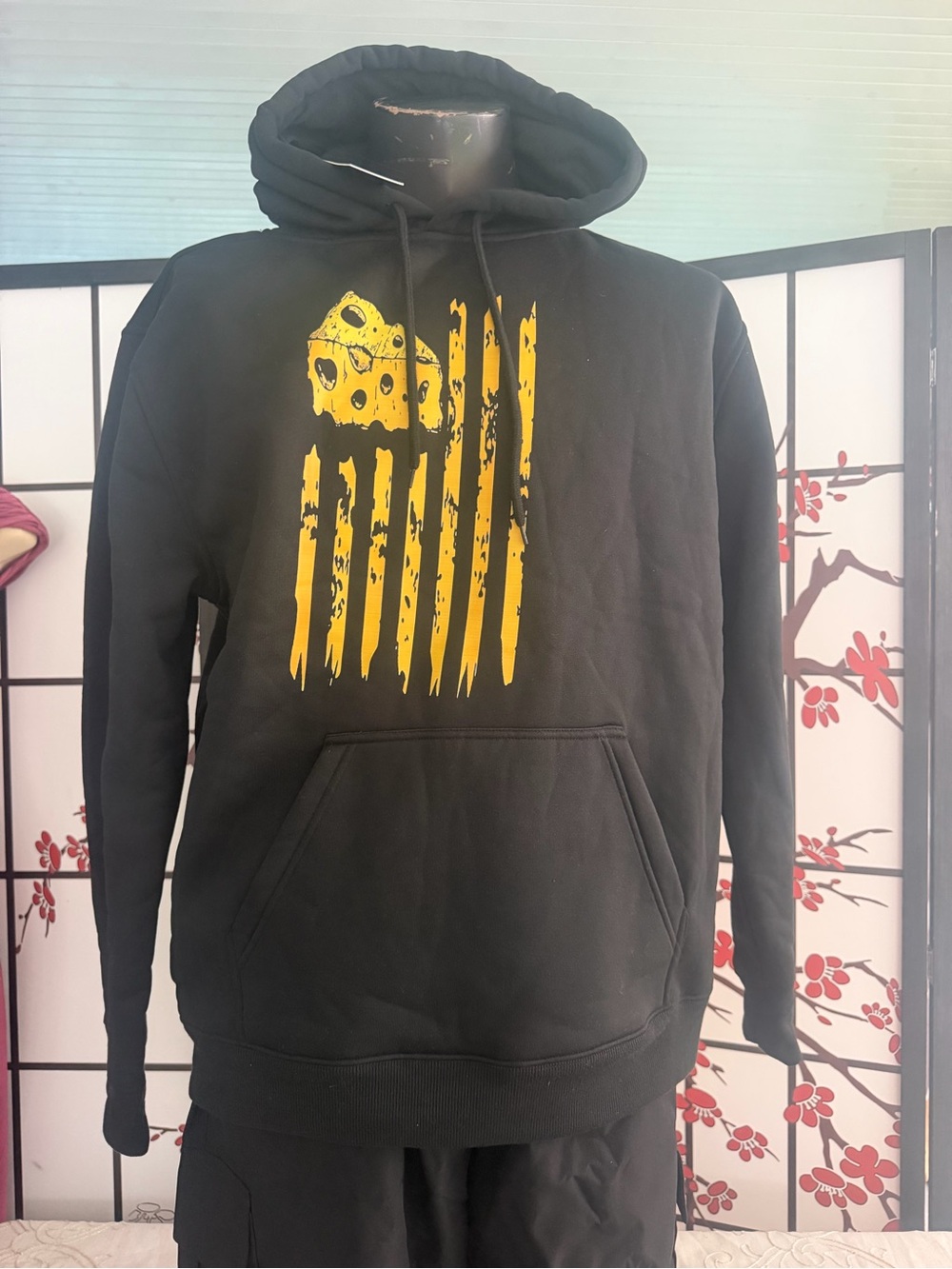 Men's Black Hoodie with Distressed Yellow Graphic - Casual Pullover